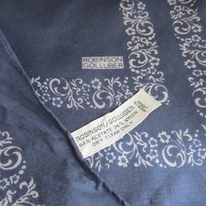 Vintage 1970s scarf Robinson Golluber semi sheer acetate and nylon navy blue with white border 21 x 22 inches