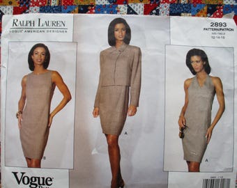 vintage 1990s Vogue sewing pattern American Designer Ralph Lauren 2893 misses jacket and dress sizes 12-14