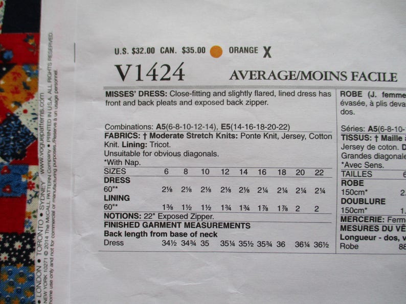 2010s Vogue Sewing Pattern American Designer Rebecca Taylor 1424 Misses ...