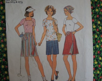 vintage 1970s Simplicity sewing pattern 7501 misses pullover top reversible front wrap skirt and shorts size 10 1/2 and 12 1/2 UNCUT