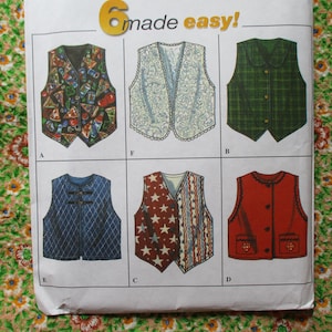 May include: A sewing pattern for six different vest designs. The vests are in a variety of colors and patterns, including blue, red, green, and white. The pattern is titled "6 made easy!"