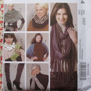 vintage 2010s sewing pattern McCalls 6214 leg warmers scarves cowl neck warmer fingerless gloves and beret UNCUT