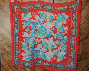 Vintage Glentex  acrylic scarf floral red blue neon green