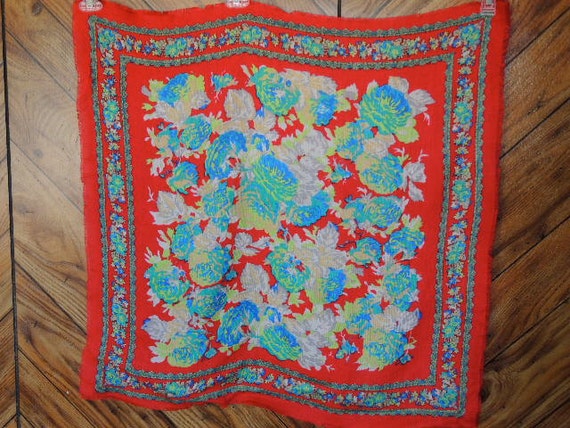 Vintage Glentex  acrylic scarf floral red blue ne… - image 1