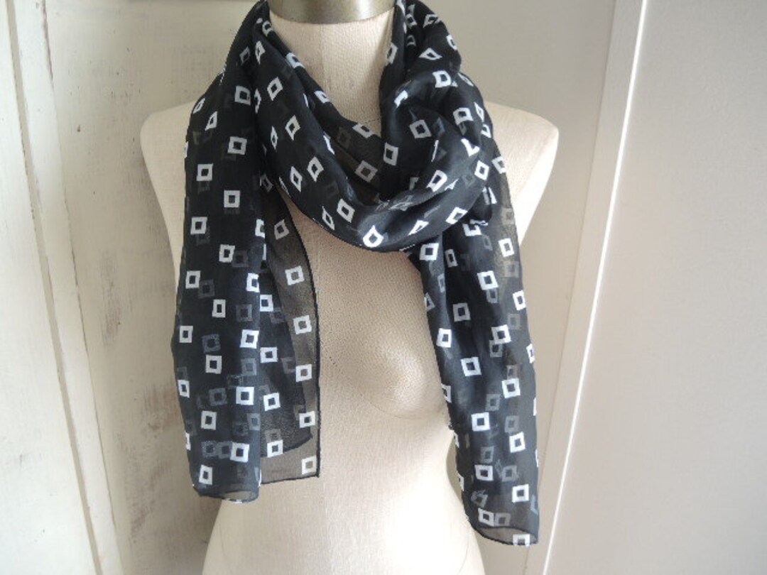 Vintage 1990s Scarf Sheer Polyester Black and White Abstract