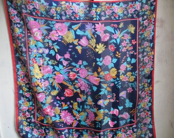 Vintage 1990s polyester scarf navy blue colorful floral flowers partially sheer  30 x 31 inches