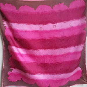 Vintage 1970s acetate scarf pink abstract floral flowers on brown 26 x 27 inches