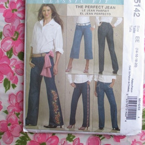May include: A sewing pattern for jeans, with four different styles shown. The pattern is for sizes 14-16-18-20. The pattern is called "The Perfect Jean" and is available in size EE. The pattern number is M5142/EE.