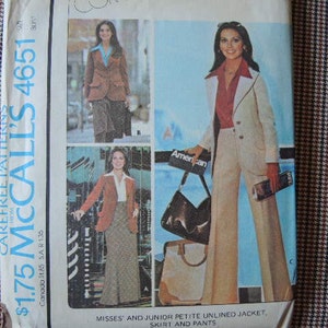 May include: A sewing pattern for a jacket, skirt, and pants. The pattern is from McCall's and is number 4651. The pattern is for misses' and junior petite sizes.