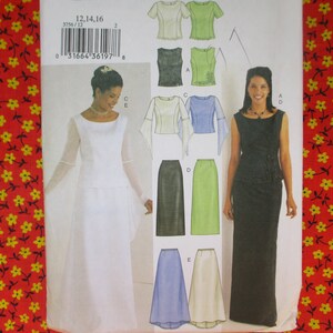 May include: A sewing pattern featuring illustrations of various formal dresses and separates. The pattern includes a white wedding dress, a black evening gown, and several tops and skirts in different colors and styles. The pattern's size range is 12, 14, and 16.