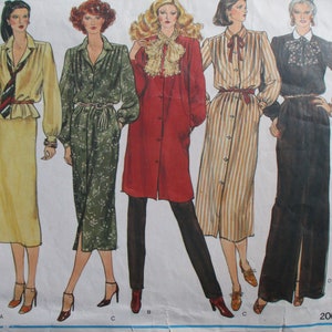May include: Vogue's Basic Design pattern featuring five vintage fashion illustrations. The designs include a yellow skirt suit, a green floral print dress, a red coat with black pants, a striped dress, and a black dress with a slit.