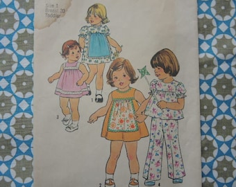 vintage 1970s simplicity sewing pattern 7409 baby toddler dress or top and pants size 1