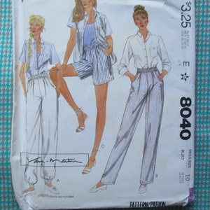 May include: A sewing pattern for pants and shorts. The pattern is for a women's size 10 and has a bust measurement of 32 1/2 inches. The pattern is called "8040" and is priced at $3.25.