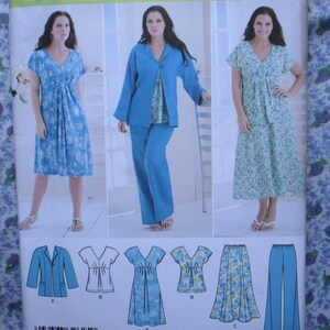May include: A sewing pattern for a dress, top, and pants. The pattern includes a jacket, a skirt, and a blouse. The pattern is for sizes 14-22. The pattern is for a casual look.
