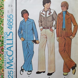 May include: A sewing pattern for three different shirts. The pattern is from McCall's and the number is 4655. The shirts are all long-sleeved and have a casual style. The first shirt is a blue denim shirt with a button-down collar. The second shirt is a plaid shirt with a button-down collar and a western style. The third shirt is a brown corduroy shirt with a button-down collar and a more relaxed style.