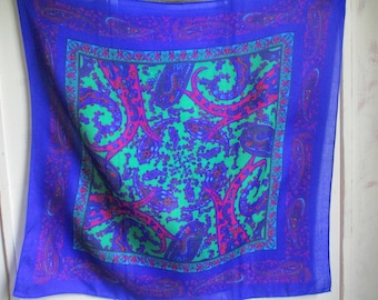Vintage 1960s acrylic scarf Challlis by Berkshire paisley with day glo blue pink purple green