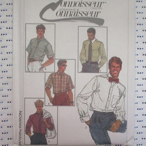 May include: A sewing pattern for a men's shirt with five different styles. The pattern includes a long-sleeved shirt with a bow tie, a short-sleeved shirt with a plaid pattern, a short-sleeved shirt with a pocket, a long-sleeved shirt with a tie, and a short-sleeved shirt with a button-down collar.