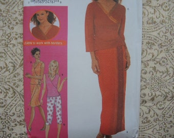 2000s sewing pattern Simplicity 9619 misses wrap top skirt in two lengths and pants UNCUT sizes 6-8-10-12