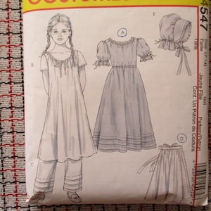 May include: A sewing pattern for a girl's costume, featuring illustrations of a dress, pants, skirt, and bonnet. The pattern includes sizes 7-14. The design is a vintage style.