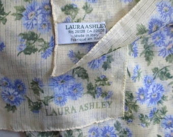 Vintage Laura Ashley designer scarf sheer polyester yellow with blue floral flowers 13 x 63 inches