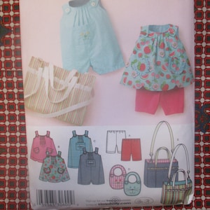 2000s sewing pattern Simplicity 3808 baby top romper diaper bag and knit shorts sizes XXS-XS-S-M