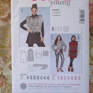 May include: A sewing pattern for a shirt, t-shirt, or blouse. The pattern includes instructions for sizes 34 to 46 and 8 to 20. The pattern also includes seam and hem allowances.