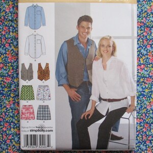 May include: A sewing pattern featuring a man and woman wearing different clothing options. The pattern includes a vest, shirt, and shorts. The pattern is from Simplicity.com.