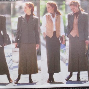 Puede incluir: Un patrón de costura vintage con ropa de negocios para mujeres. El patrón incluye un traje de falda, una blazer, un chaleco y una falda larga. La paleta de colores es principalmente de tonos marrones y grises. La marca "J.G. HOOK" es visible.