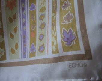 Vintage 1960s Echo scarf silk and azlon striped with leaves 27 x 27 inches