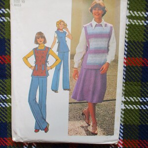 May include: Vintage sewing pattern with illustrations of women's outfits. The pattern includes designs for a vest, skirt, and trousers. The cover shows a woman wearing a purple skirt and a striped vest. The pattern is labeled "Size 10 Miss".