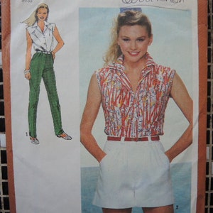 Vintage 1980s Simplicity sewing pattern 9552 misses shirt wide leg shorts and straight leg pants size 6 8