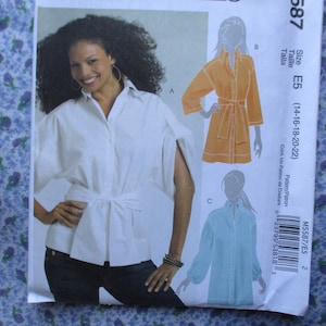 McCalls sewing pattern 5587 misses button front shirts in two lengths with sash  UNCUT size 14-16-18-20-22