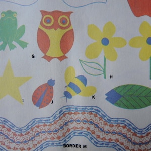 Vintage 1970s McCalls transfer pattern 2965 uncut alphabet borders butterfly owl frog turtle snail apple