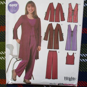 May include: A sewing pattern showing a woman in a purple outfit, with a long patterned coat. The pattern includes diagrams of different garment styles, such as a vest and trousers. The text "easy to sew" and "Wrights" are visible.