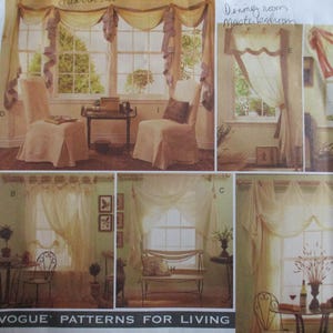 May include: A vintage sewing pattern for curtains and valances. The pattern shows different styles of curtains, including a swag valance, a gathered valance, and a simple straight valance. The pattern is for a dining room or master bedroom.