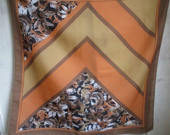 Vintage jaren 1970 polyester sjaal abstract bruin zwart oranje 30 x 30 inch