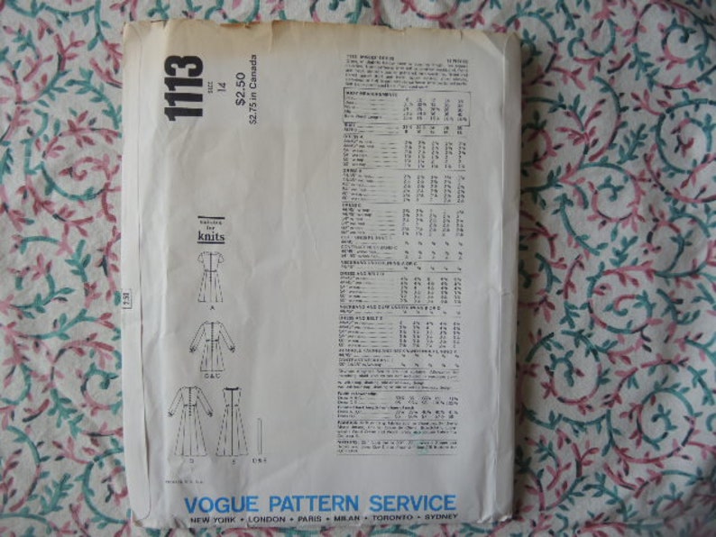 Vintage 1970s Vogue Sewing Pattern 1113 Misses Dress Size 14 - Etsy