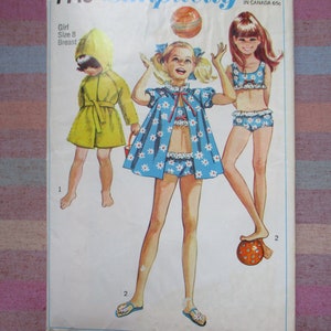 vintage 1960s simplicity sewing pattern 7710 girls beach coat in two lengths and two piece bathing suit size 8