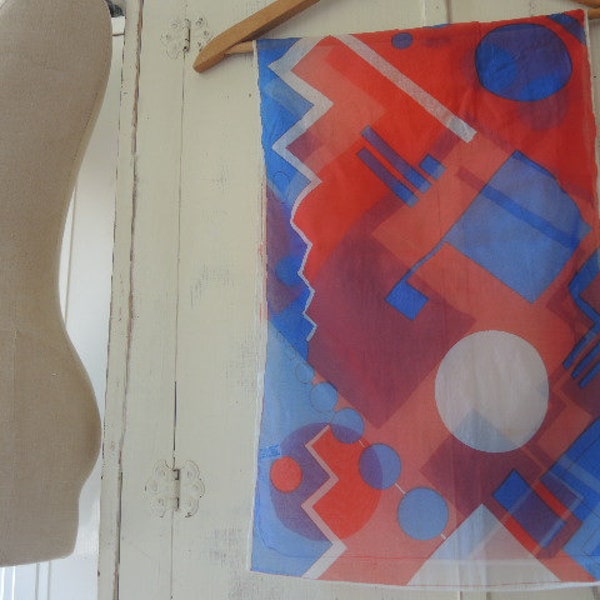 Vintage 1960s mod era sheer nylon chiffon scarf abstract blue white and red  14 x 43 inches