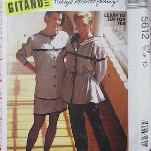 May include: A sewing pattern for a striped dress and a striped jacket with a drawstring waist. The pattern is from Gitano and is size 10. The text on the pattern says "Learn to sew for fun".