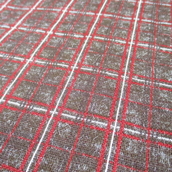 Vintage 1960s polyester double knit fabric plaid geometric brown red and white BTY 63 inches wide