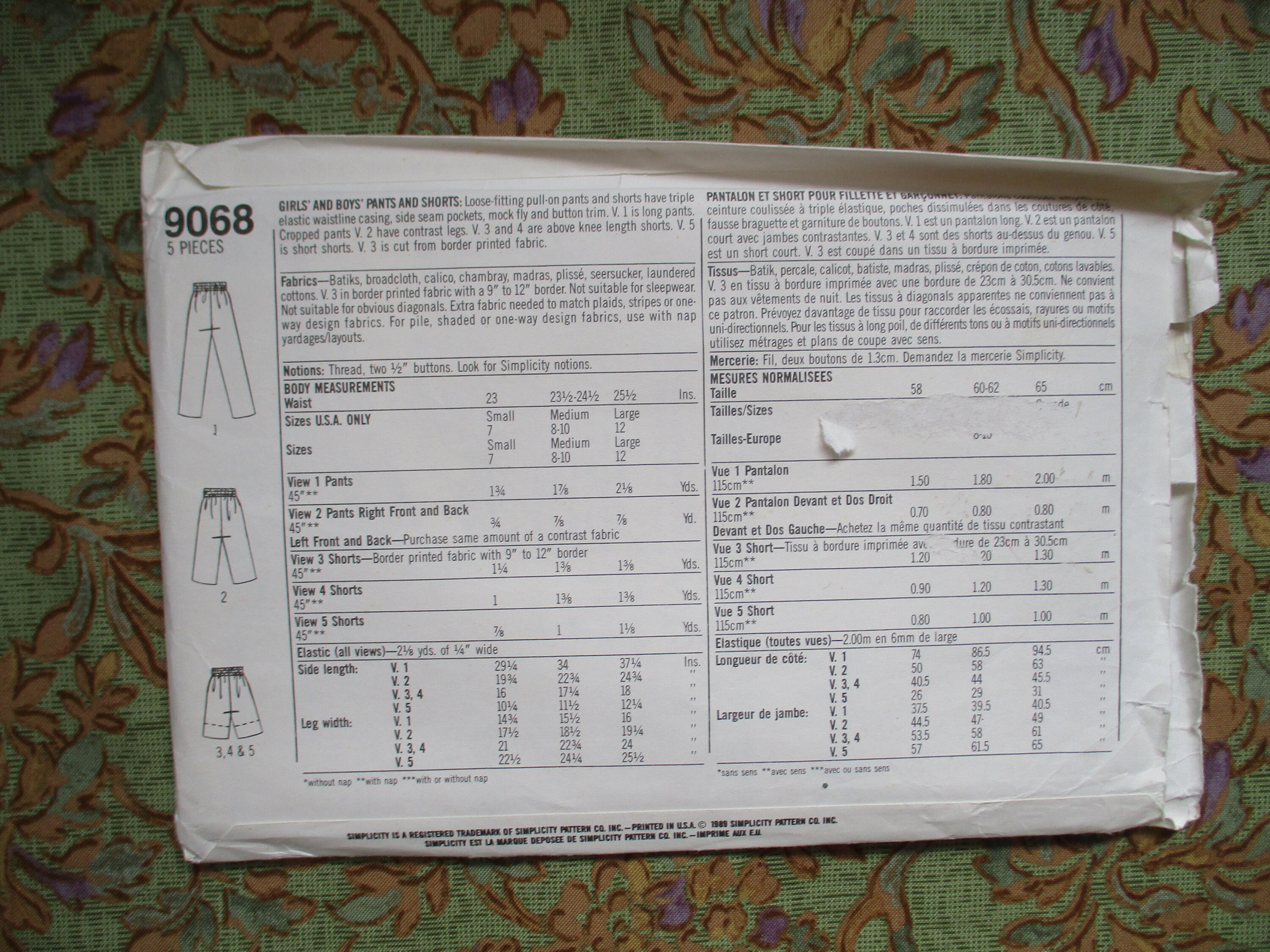 Vintage 1980s Simplicity Sewing Pattern 9068 Girls and Boys Pants