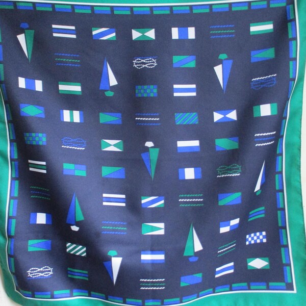 vintage 1970s polyester scarf Nautical abstract sailboats green blue white on black 20 x 20 inches