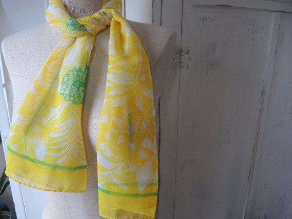 Vintage 1960s sheer scarf  yellow and green tropi… - image 4
