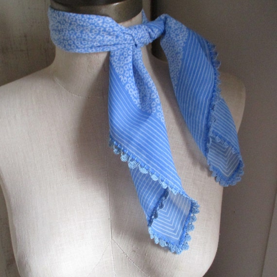 Vintage 1970s polyester scarf blue sheer small pr… - image 1