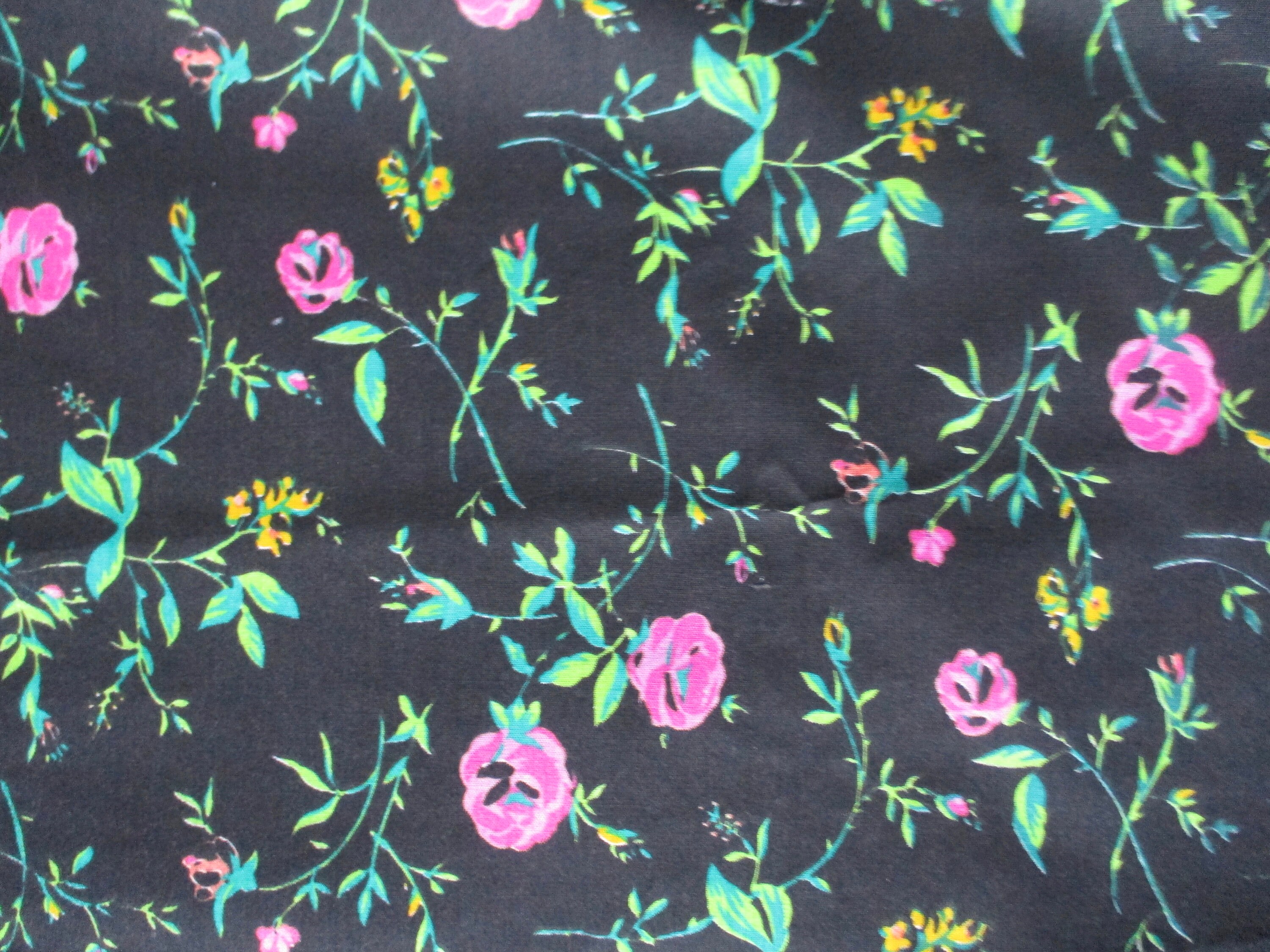 Vintage 1990s Cotton Fabric Black With Pink and Green Floral - Etsy