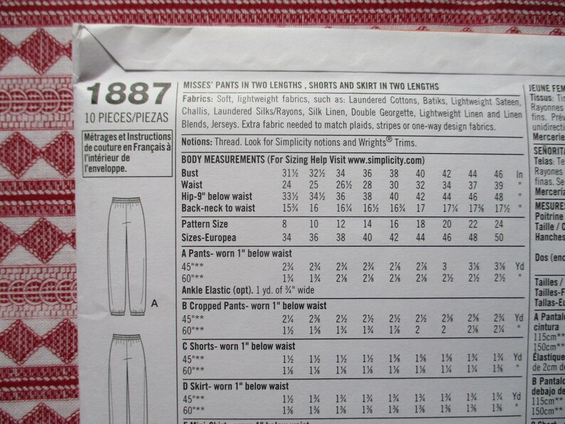 2000s Sewing Pattern Simplicity 1887 Misses Pants Skirt and Shorts ...
