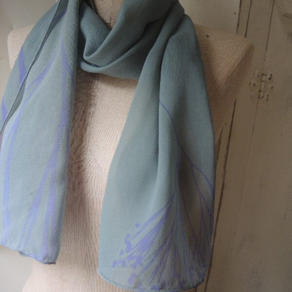 vintage 1980s scarf abstract floral flowers slightly sheer georgette  11 x 58 inches