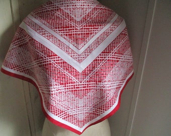 Vintage 1970s polyester scarf abstract dark red and white 26 x 27 inches
