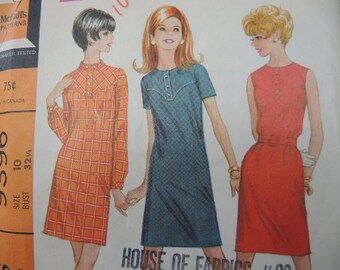 vintage 1960s McCalls sewing pattern 9396 yoked dress sleeveless or long or short sleeved size 10